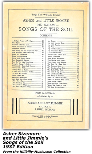 Folio - Asher Sizemore and Little Jimmie's 1937 Edition Songs of the Soil - table of Contents - Circa 1937