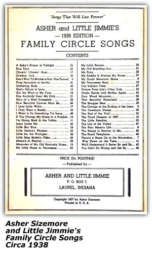 Asher Sizemore and Little Jimmie's Family Circle Songs - Table of Contents - Circa 1938