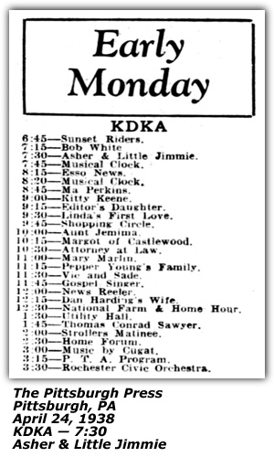 Radio Log - KDKA - Pittsburgh, PA - Asher and Little Jimmie - April 1938