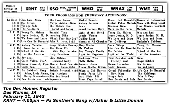 Radio Log - KRNT - Des Moines, IA - Asher Sizemore - Pa Smither's Gang - February 1943