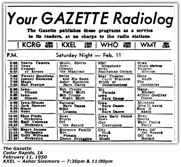Radio Log - KXEL - Des Moines, IA - February 1950 - Asher Sizemore