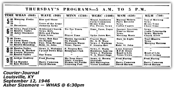 Radio Log - WHAS - Louisville, KY - Asher Sizemore - September 1946