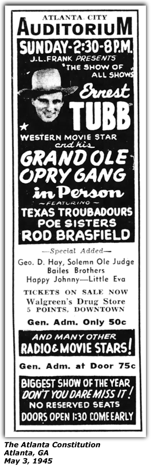 Promo Ad - Atlanta City Auditorium - Atlanta, GA - Ernest Tubb - George D. Hay - Bailes Brothers - Rod Brasfield - Happy Johnny - Little Eva - May 1945