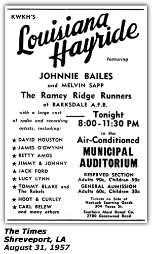 Promo Ad - Louisiana Hayride - Shreveport, LA - Johnnie Bailes - Melvin Sapp - Ramey Ridge Runners - David Houston - James O'Gwynn - Betty Amos - Jack Ford - Lucy Lynn - Carl Belew - August 1957
