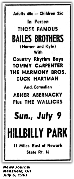 Promo Ad - HIllbilly Park - Newark, OH - Bailes Brothers - Tommy Carpenter - Harmony Brothers - Buck Hartman - Abner Abernacky - July 1961