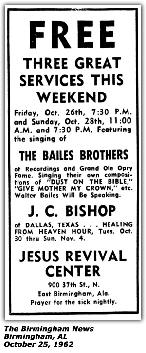 Promo Ad - Jesus Revival Center - Birmingham, AL - Bailes Brothers - J. C. Bishop - October 1962