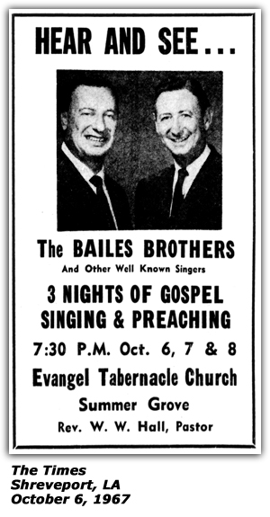Promo Ad - Evangel Tabernacle Church - Bailes Brothers - October 1967