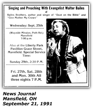 Promo Ad - Singing and Preaching - Walter Bailes - Wayside Mission - Mansfield, OH - September 1991