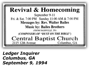 Promo Ad - Revival and Homecoming - Central Baptist Church - Rev. Walter Bailes - Bailes Brothers - Columbus, GA - September 1994