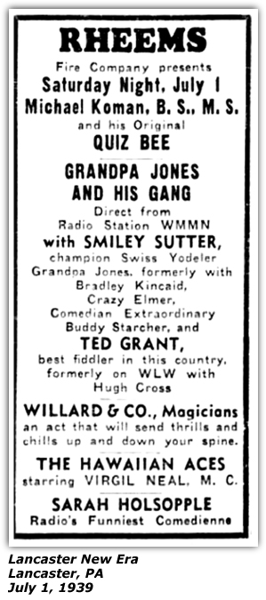Promo Ad - Rheems - Grandpa Jones - WMMN - Smiley Sutter - Crazy Elmer - Buddy Starcher - Ted Grant - Hawaiian Aces - Virgil Neal - Sarah Holsopple - July 1939