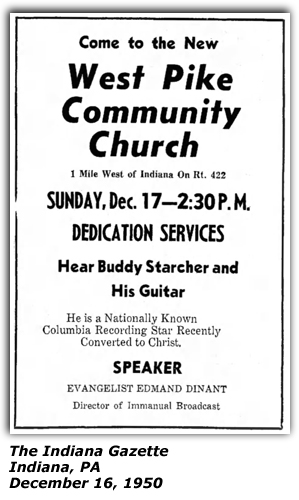 Promo Ad - West Pike Community Church - Indiana, PA - Buddy Starcher - Edmand Dinant, Evangelist - December 1950