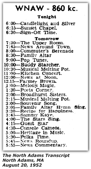 Radio Log - WNAW - North Adams, MA - Buddy Starcher - August 1952