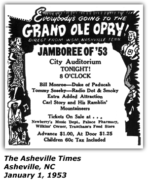 Promo Ad - Jamboree of '53 - City Auditorium -Asheville, NC - Bill Monroe - Dukeof Paducah - Tommy Soseby - Radio Dot and Smoky - Carl Story and his Ramblin' Mountainneers - Jan 1, 1953