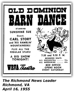 Promo Ad - Old Dominion Barn Dance - WRVA Theatre - Richmond, VA - Sunshine Sue - Carl Story and his Ramblin' Mountaineers - April 1955