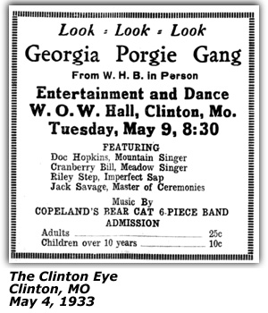 Promo Ad - W.O.W. Hall - Clinton, MO - Georgie Porgie Gang - Doc Hopkins - Cranberry Bill - Riley Step - Jack Savage - May 1933