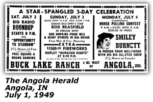 Promo Ad - Buck Lake Ranch - Angola, IN - Smiley Burnett - DOc Hopkins - Rod Brasfield - July 1949