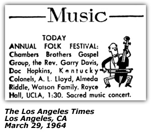 Promo Ad - Annual Folk Festival - Royce Hall - UCLA - Doc Hopkins - Chambers Brothers Gospel Group - Almeda Riddle - March 1964