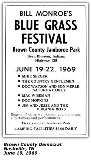 Promo Ad - Brown Couty Jamboree Park - Blue Grass Festival - Bill Monroe - Mike Seeger - Mac Wiseman - Doc Watson - Merle Watson - Doc Hopkins - Jim and Jesse - Bean Blossom, IN - June 1969