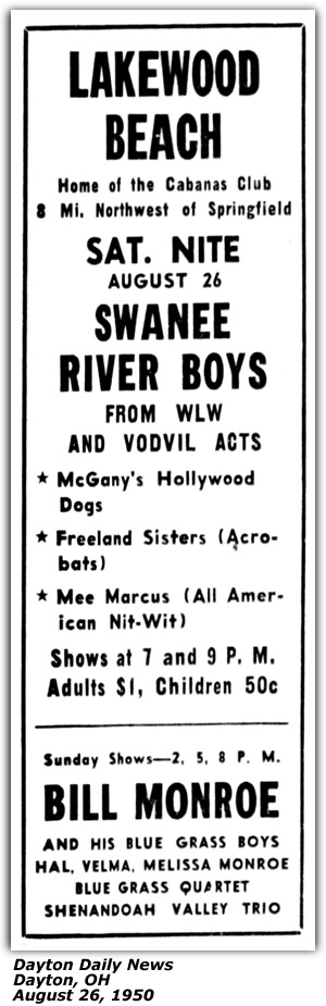 Promo Ad - Lakewood Beach - Ohio - Bill Monroe; Melissa Monroe; Shenandoah Valley Trio; August 1950