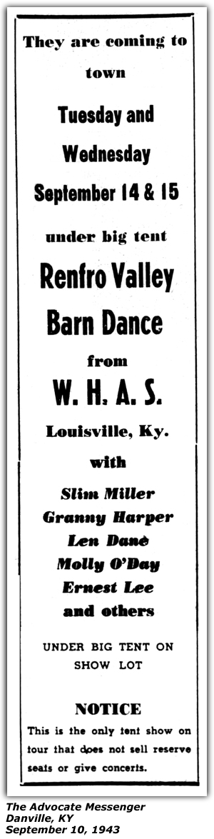 Promo Ad - Renfro Valley Barn Dance - WHAS - Danville, KY - Slim Miller - Granny Harper - Len Dane - Molly O'Day - Ernest Lee - September 1943
