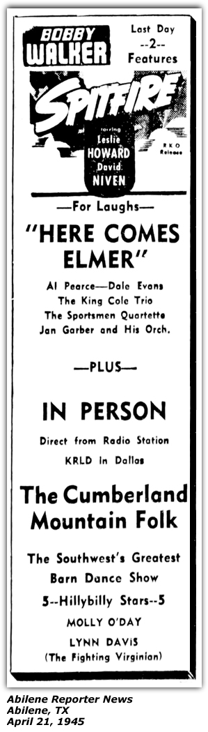Promo Ad - KRLD - Cumberland Mountain Folk - Molly O'Day - Lynn Davis - Abilene, TX - April 1945