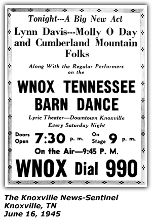 Promo Ad - WNOX Tennessee Barn Dance - Lyric Theater - Knoxville, TN - Lynn Davis - Molly O'Day and Cumberland Mountain Folks - June 16, 1945