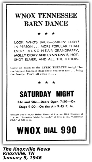 Promo Ad - WNOX Tennesee Barn Dance - Smiling Eddy - Grandpappy - Molly O'Day - Lynn Davis - Hot Shot Elmer - Lyric Theater - January 5, 1946