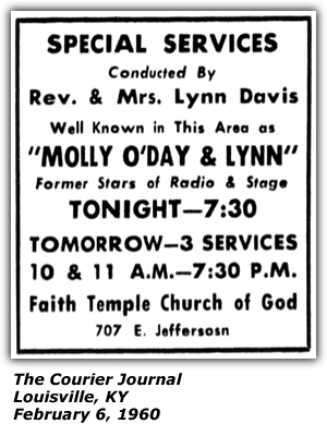 Promo Ad - Faith Temple Church of God - Louisville, KY - Molly O'Day - Rev. Lynn Davis - February 1960
