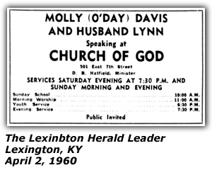 Promo Ad - Church of God - Lexington, KY - Molly (O'Day) Davis - Lynn Davis - April 1960