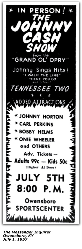 Promo Ad - Johnny Cash Show with Onie Wheeler - July 1957 - Owensboro KY