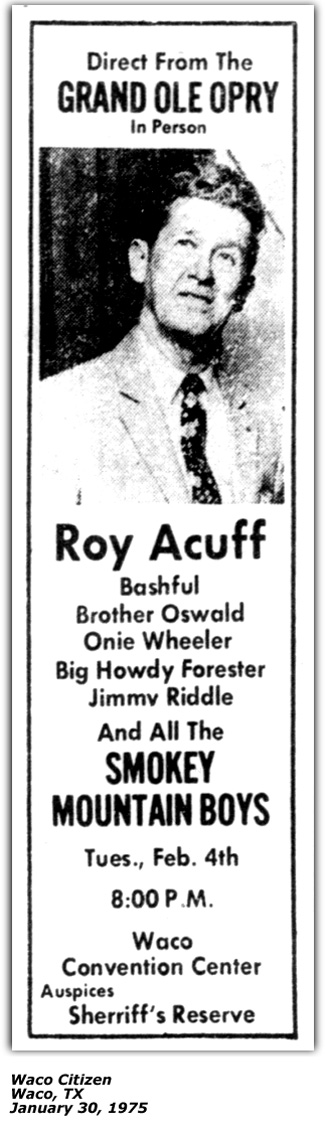 Promo Ad - Roy Acuff Show with Onie Wheeler - Waco TX - Feb 1975