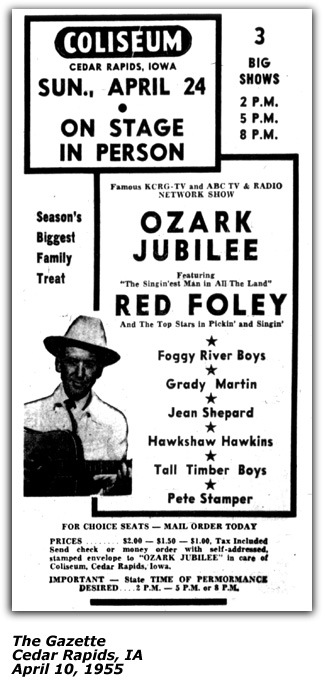 Promo Ad - Coliseum - Cedar Rapids Iowa - Red Foley - Pete Stamper - April 1955