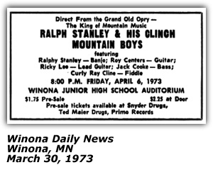 Promo Ad - Winona Junior High School Auditorium - Winona, MN - Ralph Stanley - Clinch Mountain Boys - Curly Ray Cline - March 1973