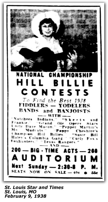 Promo Ad - Hill Billie Contests - Skeets and Frankie, Natchee, Pepper Martin, Pappy Cheshire - February 1938 - St. Louis