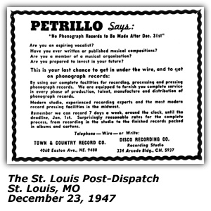 Promo Ad - Town and Country Records, Disco Recording Co., Petrillo Recording Ban - December 23, 1947