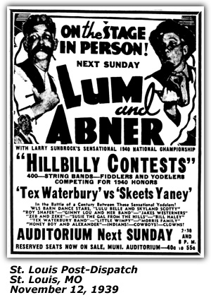 Promo Ad - Hillbilly COntests - Larry Sunbrock - Tex Waterbury vs Skeets Yaney - St. Louis, MO - November 1939