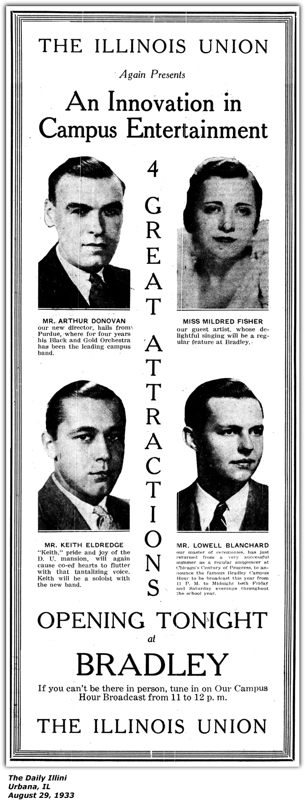 Promo Ad - Illinois Union - Arthur Donovan - Mildred Fisher - Keith Eldredge - Lowell Blanchard - April 1933