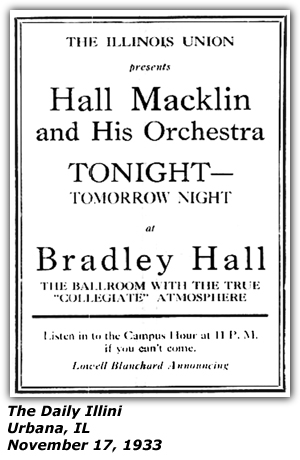 Promo Ad - Bradley Hall - Lowell Blanchard - Hall Macklin Orchestra - November 1933