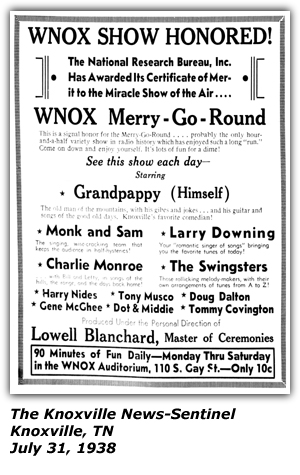 Promo Ad - WNOX Merry-Go-Round - Lowell Blanchard - MOnk and Sam - Charlie Monroe - Larry Downing - Harry Nides - Tony Musco - July 1938