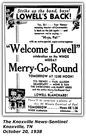 Promo Ad - WNOX Merry-Go-Round - Lowell Blanchard - Tys Terwey - Paul Allison - Swingsters - Monk and Sam - Harry Nides - October 1938