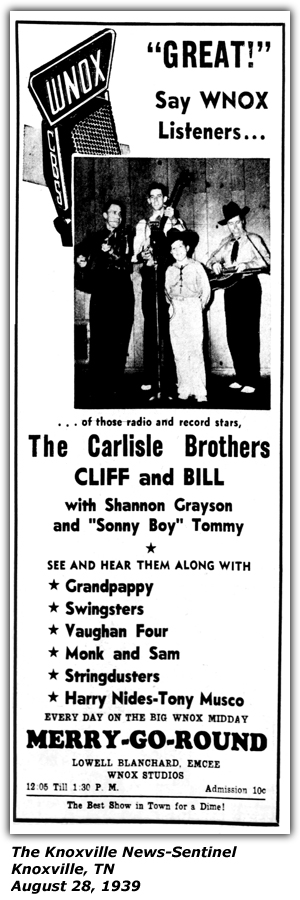 Promo Ad - WNOX Merry-Go-Round - Lowell Blanchard - Carlisle Brothers - Swingsters - Vaughan Four - Monk and Sam - Stringdusters - Harry Nides - Tony Musco - August 1939