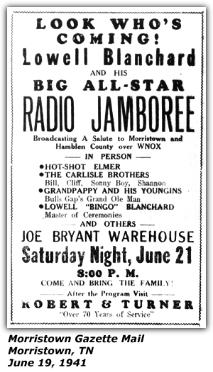 Radko Jamboree - Joe Bryant Warehouse - Morristown, TN - Lowell (Bingo) Blanchard - Hot Shot Elmer - The Carlisle Brothers - Grandpappy June 1941