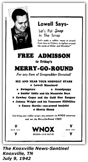Promo Ad - WNOX - Merry-Go-Round - Johnny Wright and his Tennessee Hillbillies - Swingsters - Cowboy Copas - Emory Martin - Shorty Sharp - July 1942