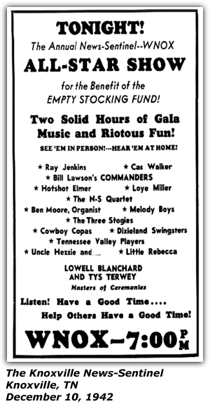 Promo Ad - WNOX - Empty Stocking Fund - Cas Walker - Lowell Blanchard - Hotshot Elmer - Tys Terwey - Cowboy Copas - December 1942