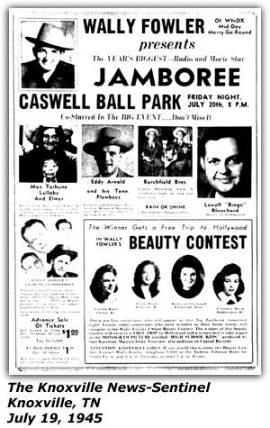 Promo Ad - Jamboree - Caswell Ball Park - Wally Fowler - Lowell (Bingo) Blanchard - Eddy Arnold - July 1945