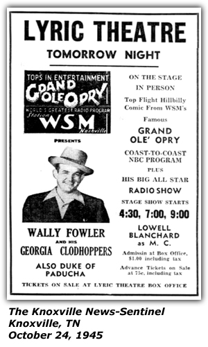 Promo Ad - Lyric Theatre - Wally Fowler and his Georgia Clodhoppers - Lowell Blanchard - Duke of Paducah - October 1945