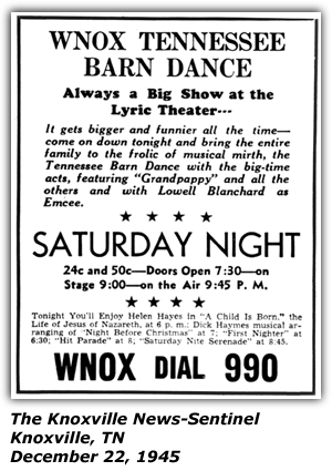 Promo Ad - WNOX Tennessee Barn Dance - Lowell Blanchard - December 1945