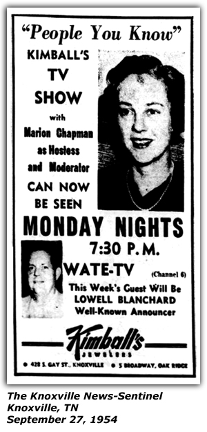 Promo Ad - Kimball's TV Show - Marion Chapman - Lowell Blanchard - September 1954