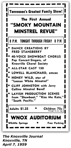Promo Ad - Smoky Mountain Minstrel Revue - Lowell Blanchard - Honey Wild - Cliff Johnston - Jerry Collins - April 1959