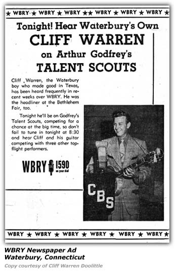WBRY Arthur Godfrey's Talent Scouts Ad - Cliff Warren